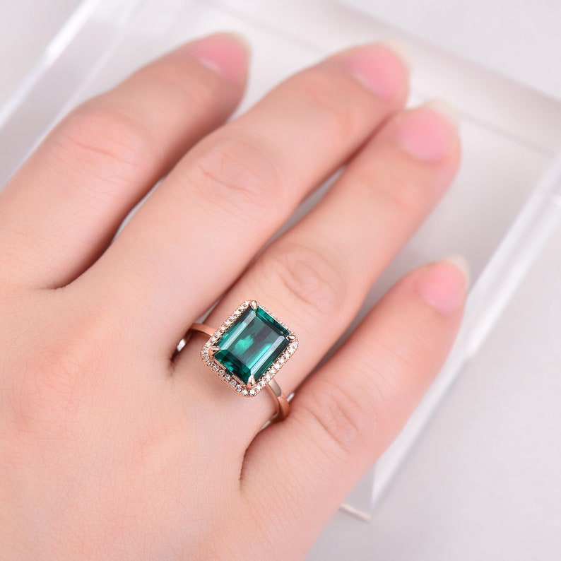 10x8mm Emerald Cut Emerald Engagement Ring Art Deco Halo Bridal Wedding Ring 14K Gold Half Eternity Micro Pave Birthstone Anniversary Ring
