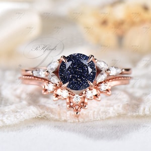 Unique Blue Sandstone Engagement Ring Set Round Cut Galaxy Moissanite Cluster Wedding Ring Curved V Shaped Wedding Band Seven Stone Ring