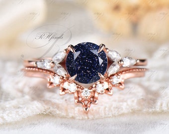 Unique Blue Sandstone Engagement Ring Set Round Cut Galaxy Moissanite Cluster Wedding Ring Curved V Shaped Wedding Band Seven Stone Ring