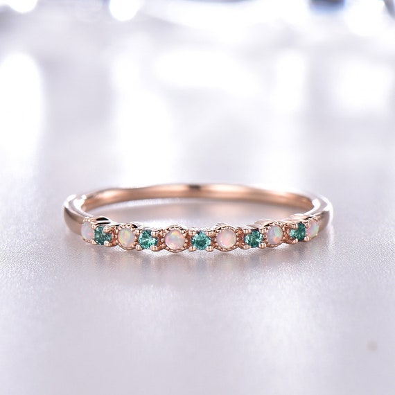 Opal Wedding Band Art Deco Alexandrite Bridal Wedding Band Full Eternity Wedding Band Color Changed Stones in 14K Rose Gold Birthstone Ring