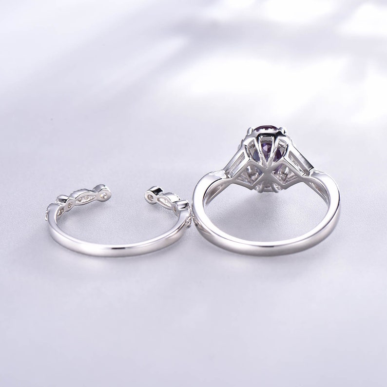 Alexandrite Engagement Ring Unique Vintage Infinity Wedding Ring Set 6x8mm Oval June Birthstone Art Deco Diamond Wedding Band 14K White Gold
