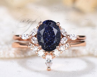 Unique Oval Cut Blue Sandstone Engagement Ring Set Sterling Silver Rose Gold Seven Stone Moissanite Wedding Anniversary Ring Gift For Her