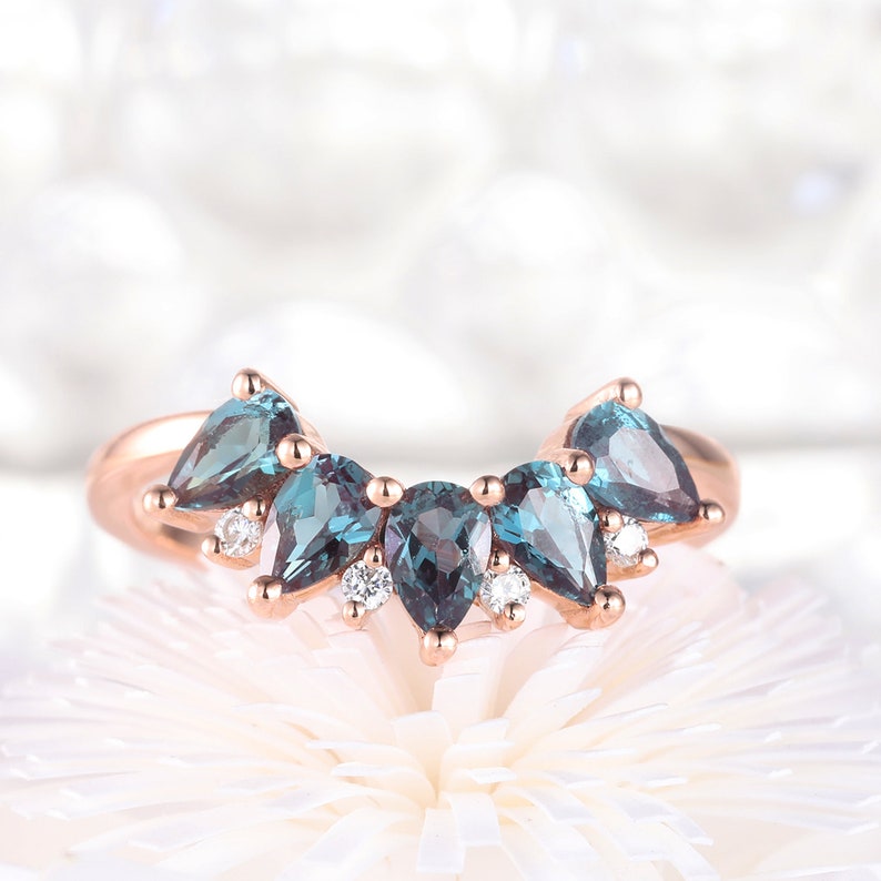 Matching band Curved wedding ring Alexandrite diamond ring Vintage Women Jewelry Unique Stacking ring Alexandrite wedding band
