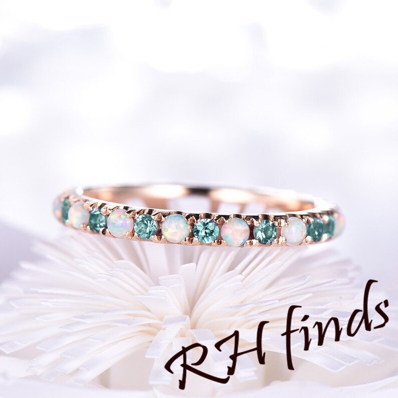 Opal Wedding Band Art Deco Alexandrite Bridal Wedding Band Full Eternity Wedding Band Color Changed Stones in 14K Rose Gold Birthstone Ring