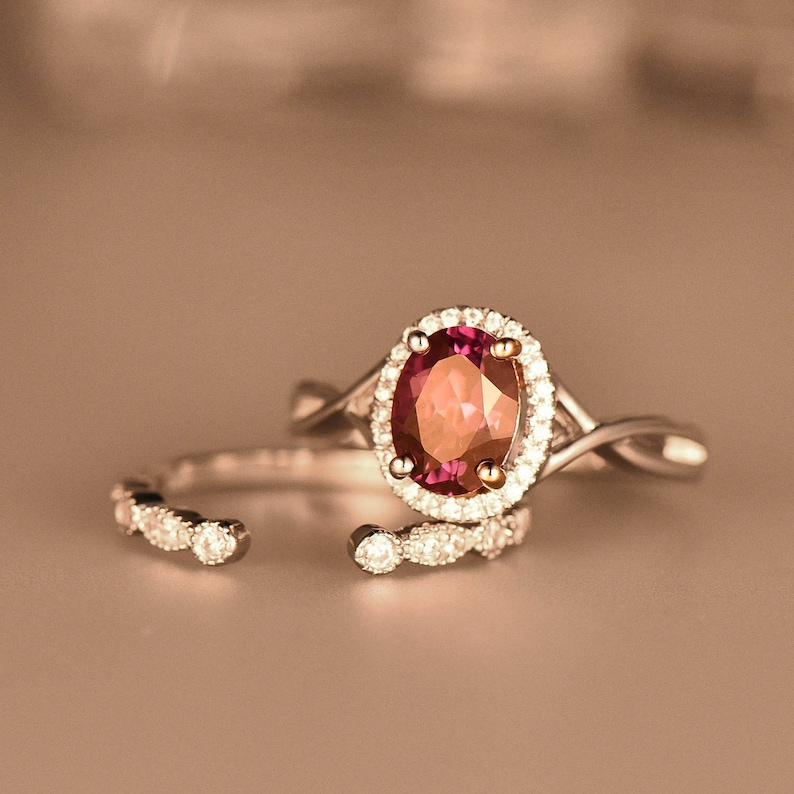 Alexandrite Engagement Ring Unique Vintage Infinity Wedding Ring Set 6x8mm Oval June Birthstone Art Deco Diamond Wedding Band 14K White Gold