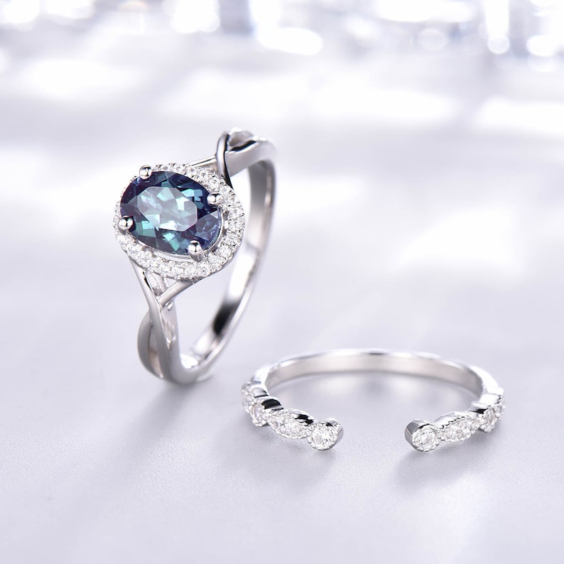 Alexandrite Engagement Ring Unique Vintage Infinity Wedding Ring Set 6x8mm Oval June Birthstone Art Deco Diamond Wedding Band 14K White Gold