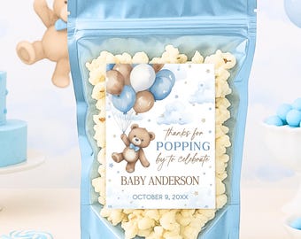 Teddy Bear Popcorn Label, Baby Shower Favor, Blue & Brown Balloons (Digital Download)
