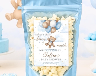 Teddy Bear Baby Shower Popcorn Label: Blue Balloon Theme (3x4 Inch, Editable, Digital Download)