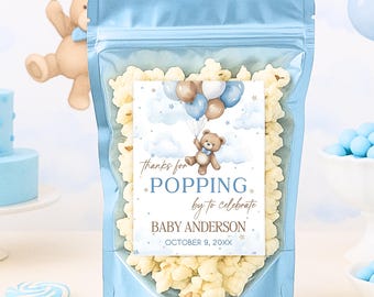 Teddy Bear Baby Shower Popcorn Label: Blue Balloon Theme (3x4 Inch, Editable, Digital Download)