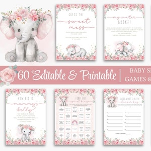 Elephant Baby Shower Games Printable Game Bundle Pink Elephant Girl Baby Shower Games Package Instant Download Editable Games Floral