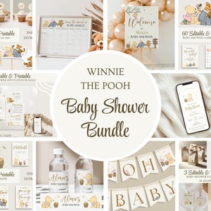 Winnie the Pooh Baby Shower Bundle. Editable Pooh Bear Party Decorations. Printable Digital Custom Baby Shower Signs, Games, Invites, Decor.