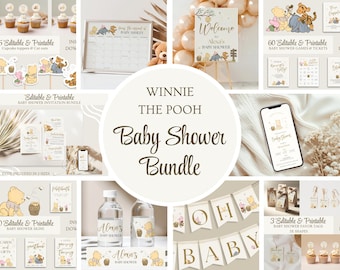 May include: Winnie the Pooh baby shower printable bundle with a variety of items including invitations, games, signs, cupcake toppers, favor tags, and water bottle labels. The designs feature Winnie the Pooh and his friends in a neutral color palette of beige, brown, and gold.