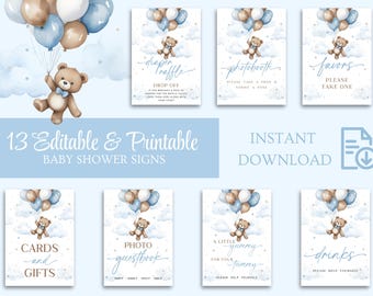 Puede incluir: Un conjunto de 13 letreros de baby shower imprimibles y editables. Los letreros presentan una ilustración de acuarela de un osito de peluche sosteniendo globos azules y marrones. El texto incluye "Diaper Raffle", "Photo Booth", "Favors", "Cards and Gifts", "Photo Guestbook", "A Little Yummy" y "Drinks".