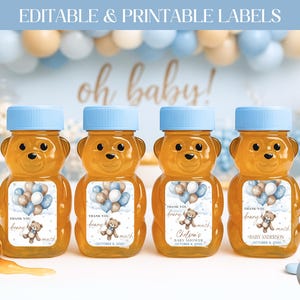 May include: Four honey jars shaped like bears, each with a blue lid and a label saying "Thank you beary much". The labels feature a teddy bear and balloons. The background includes the words "oh baby!" and balloons.