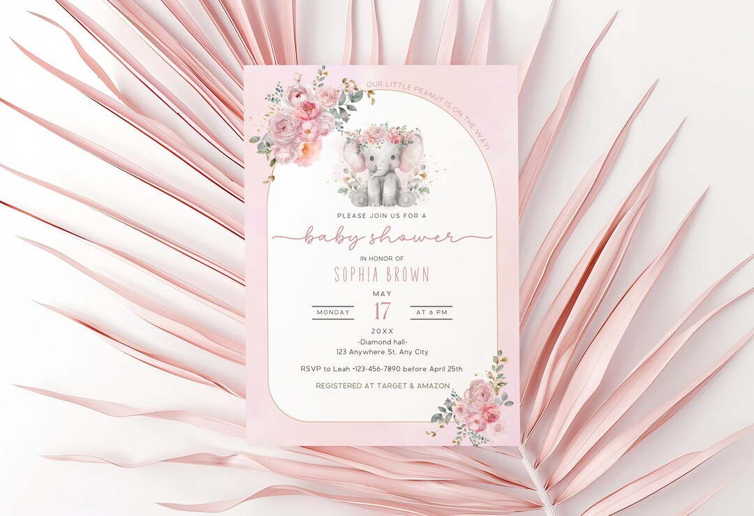 Editable Blush Pink Rose Gold Elephant Baby Shower Invitation Girl Baby ...