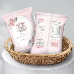 Pink Elephant Baby Shower Chip Bag Template: Floral Favor Wrapper (Canva Editable, Digital Download)