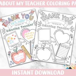 Todo sobre mi maestro (imprimible), imprimible de agradecimiento al maestro, regalo de la Semana de Agradecimiento al Maestro, dibujos para colorear para niños, descarga digital instantánea