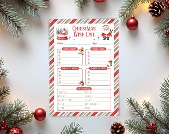 Può includere: Una lista dei desideri di Natale con un bordo a righe rosse e verdi. La lista include sezioni per le cose desiderate, necessarie, da indossare e da leggere. Sono raffigurati Babbo Natale e una palla di neve.