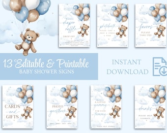 Puede incluir: Señales imprimibles para baby shower con un osito de peluche sosteniendo globos azules, marrones y blancos. Las señales incluyen texto como "Rifa de pañales", "Photo Booth", "Favores", "Tarjetas y regalos", "Libro de visitas con fotos", "Un poco delicioso para tu barriguita", y "Bebidas".
