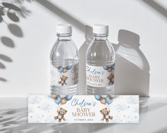 Teddy Bear Baby Shower Water Bottle Labels: Blue & Brown Balloons (Digital Download Canva Template)