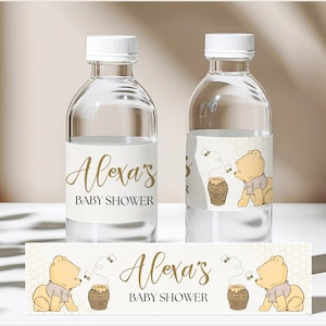 Winnie the Pooh Baby Shower Water Bottle Labels. Winnie Pooh Printable Labels. Pooh bear drink label. Editable Template.