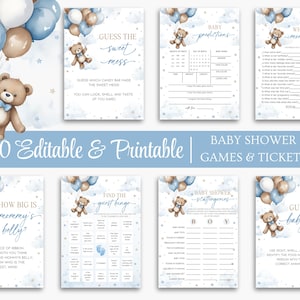 May include: A collection of baby shower games and tickets with a teddy bear theme. The design features a teddy bear holding balloons in shades of blue and brown. The text includes "70 Editable & Printable" and game titles.