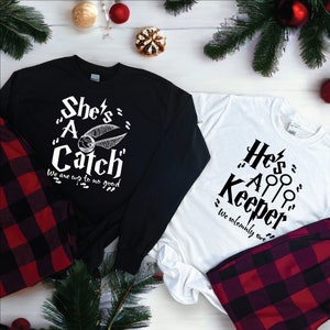Couples She&#39;s a Catch, He&#39;s a Keeper Plaid Buffalo Pajamas for Couples, Engaged Pajamas, Anniversary, Bride and Groom Pajamas Mil9