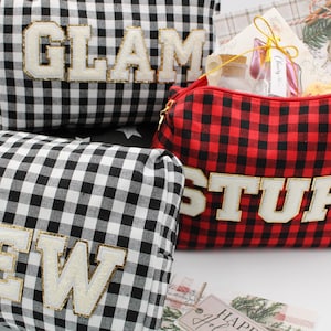 Personalized Makeup Bags, Buffalo Plaid and Velvet Bags, Custom Make Up Bag, Christmas Gift , Birthday gift , Holidays, Gift Idea