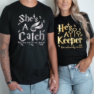 She's A Catch, He's A Keeper, Couples T-shirts, Mix and Match Tank Top, V-neck and T-Shirts, Perfect gift idea, Vacation tees, Gold MIL9
