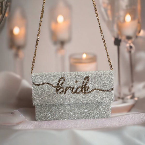 Pochette à bandoulière en perles pour la mariée, élégant sac à main pour la mariée, jour du mariage, sac pour la mariée, pochette pour Mme, sac en perles blanc et or pour la mariée, sac à main