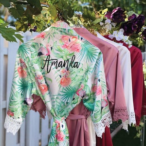 Tropical Leaf Flamingo Robes, Bridesmaid Gift, Wedding Kimono, Bridesmaid Proposal, Wedding Day Robe, Animal Print, Steel Blue 639