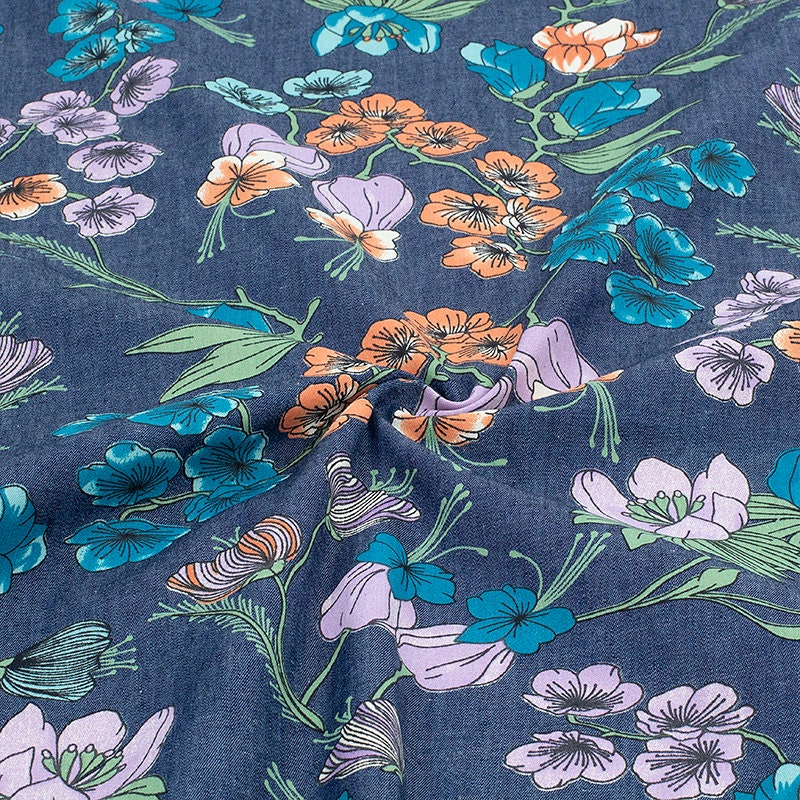 Thin Soft Floral Print Denim Fabric Wash Jeans Fabric Handmade Etsy