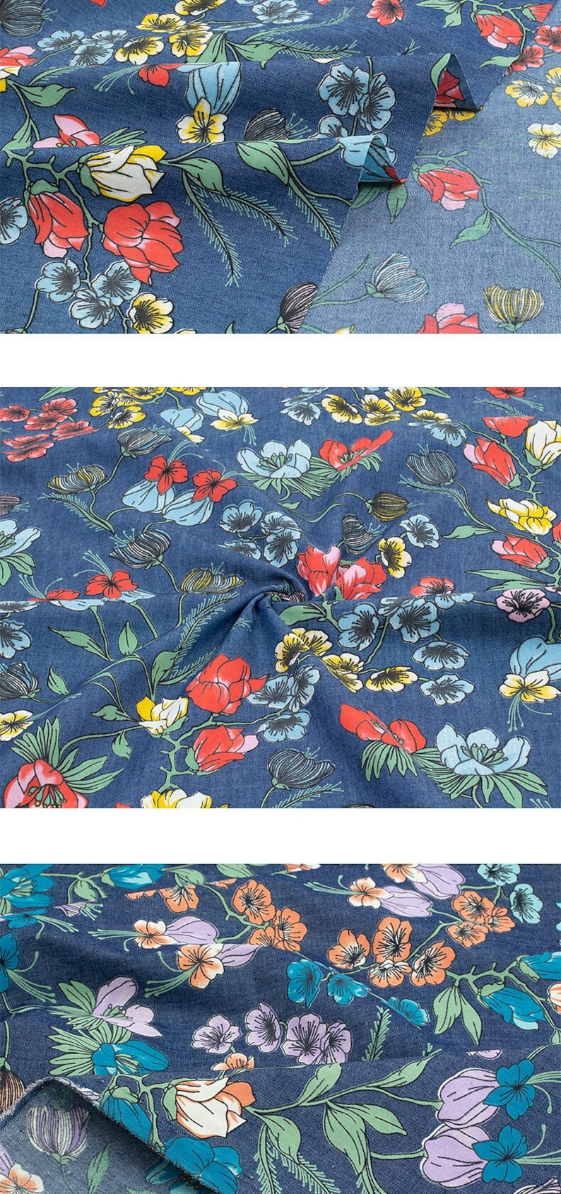 Thin Soft Floral Print Denim Fabric Wash Jeans Fabric Handmade Etsy