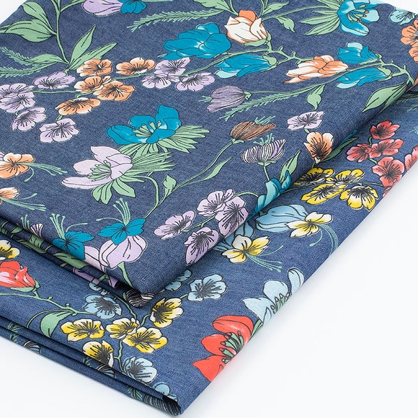 Thin soft floral print denim fabric wash jeans fabric handmade diy by Half Meter