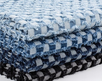 Tejido de mezclilla jacquard con flecos enrejados y tablero de ajedrez lavado a mano, tejido de diseño para ropa, chaqueta y bolso, por medio metro