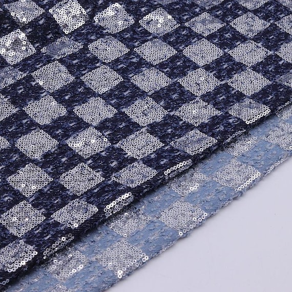 Chessboard Bead Embroidery Composite Denim Fabric Thick Elasticity for Garments By The Half Yard