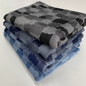 Black blue patch check cotton jacquard denim jeans fabric Irregular patchwork denim fabric by half meter