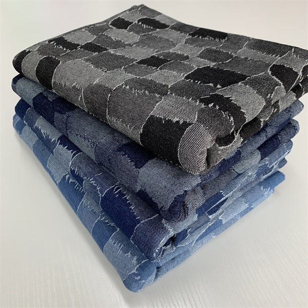 Tissu denim jacquard de coton à carreaux bleu noir Tissu denim patchwork irrégulier par demi-mètre