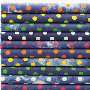 Blue red yellow green large polka dot denim fabric colorful dot tie-dye denim jeans fabric by half meter