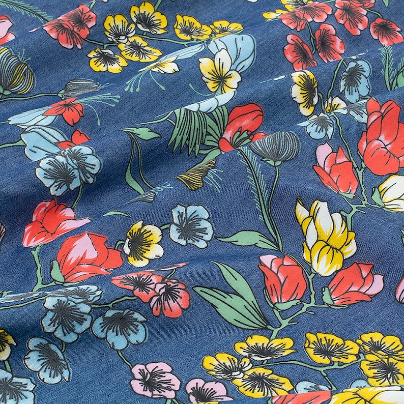 Thin Soft Floral Print Denim Fabric Wash Jeans Fabric Handmade Etsy