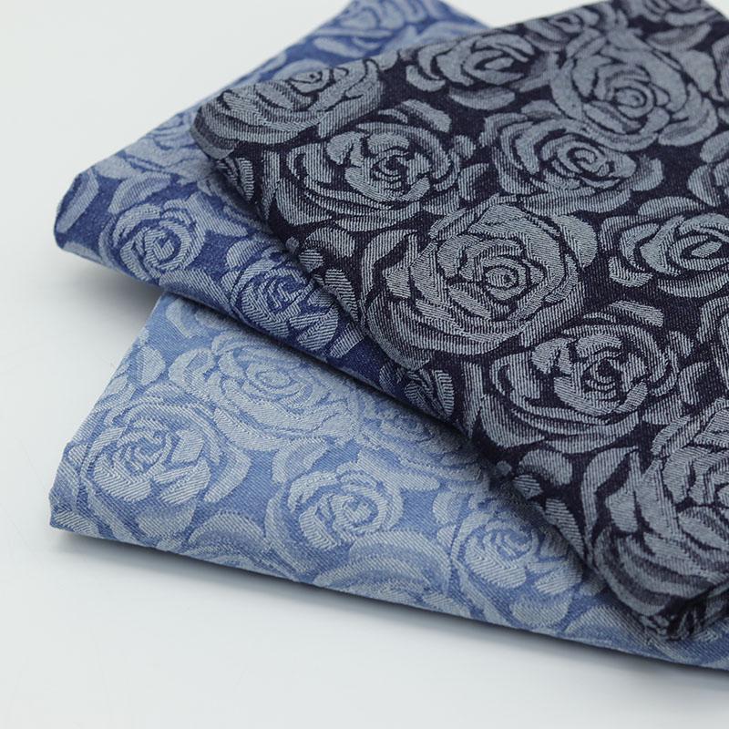Vintage Floral Denim Fabric, Embossed Rose Jacquard Washed