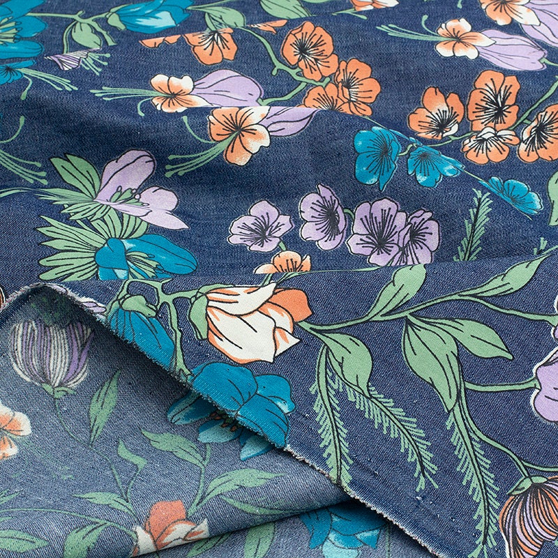 Thin Soft Floral Print Denim Fabric Wash Jeans Fabric Handmade Etsy