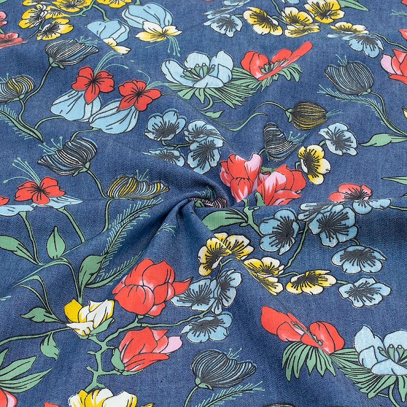 Thin Soft Floral Print Denim Fabric Wash Jeans Fabric Handmade Etsy