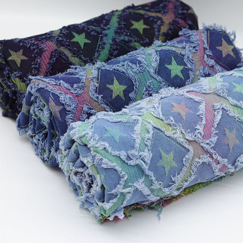 Colorful denim fabric, Star print rhombus cutting flower jacquard washed denim fabric handmade diy clothes fabric by Half Meter