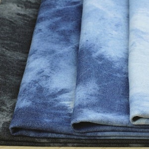 Blue black thin washed tie-dyed denim fabric jeans fabric by Half Meter