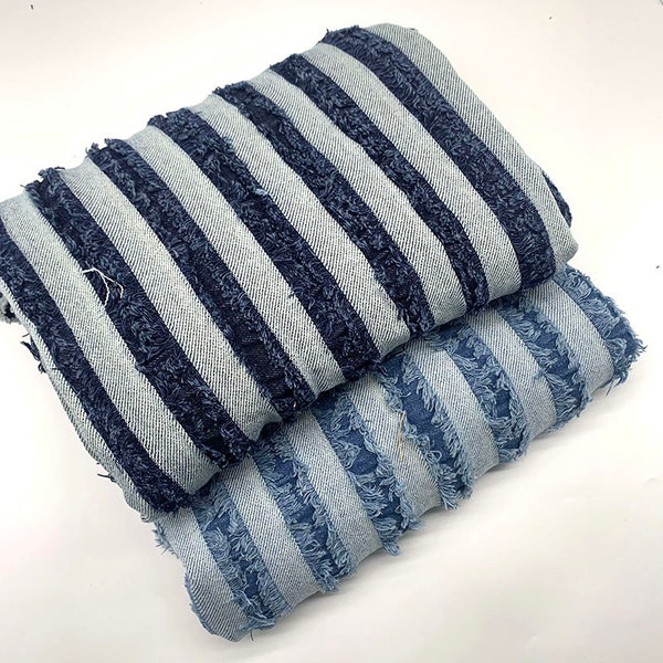 Blue tassel frayed washed denim fabric fringed rough striped denim fabric handmade DIY by Half Meter