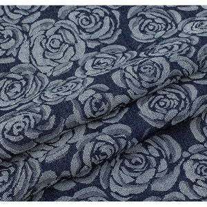 Vintage rose embossed rose jacquard washed denim fabric By Half Meter