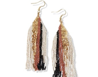 Camielle Abstract Stripe Beaded Fringe Earrings