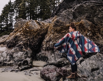 Poncho - HORIZON - Aztec - Southwest - Navajo - Geometric - Shawl - Poncho with Hood - Modest Maverick - Surf - Unisex