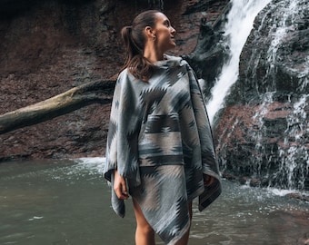 Poncho | LAKESIDE - Aztec - Southwest - Navajo - Geometric - Shawl - Poncho with Hood - Modest Maverick - Surf - Unisex